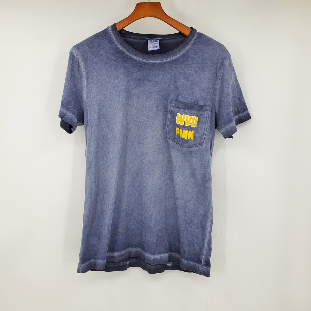 PINK Victoria's Secret WVU West Virginia University Acid Wash Pocket Tee Shirt S